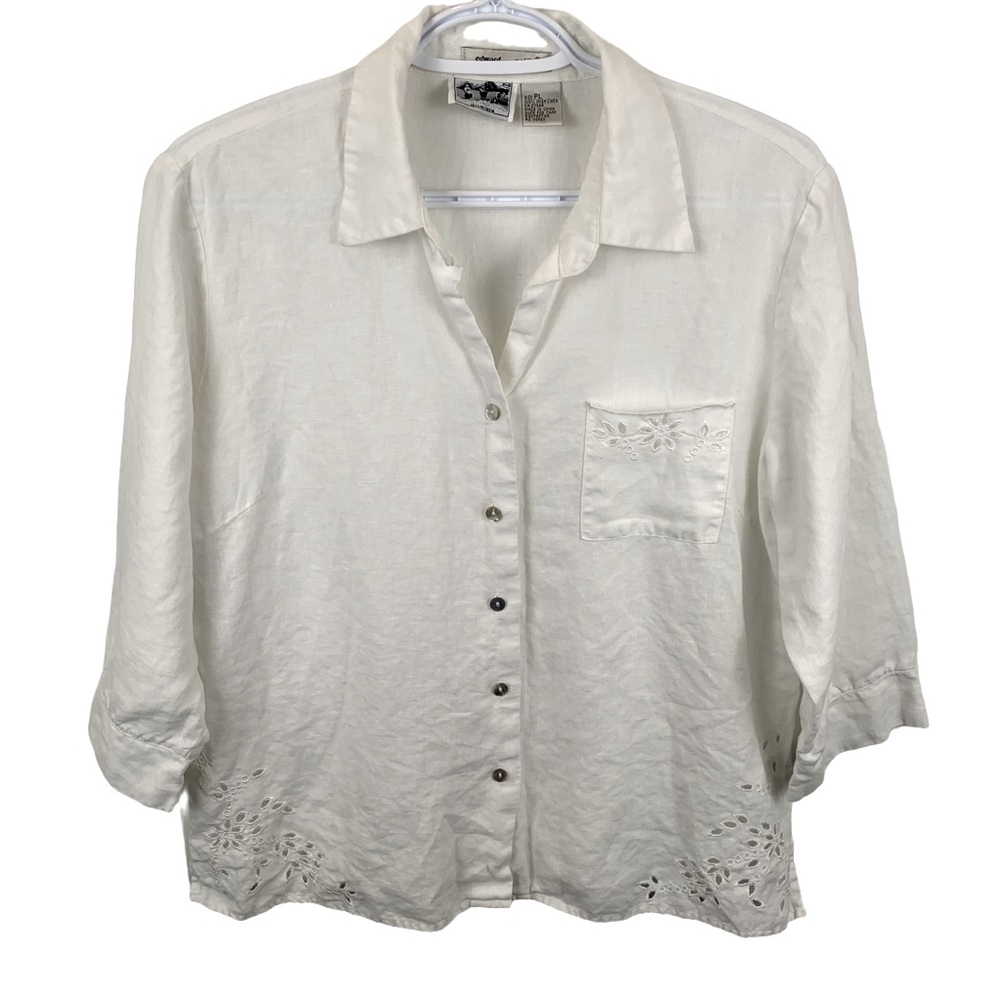 Vintage Edward White Irish Linen Embroidered Cutout Blouse Top sz Petite Large